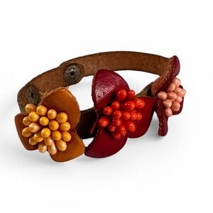 Unbranded Leather Floral Bracelet Womens Brown Red Excellent Boho 3D Beaded